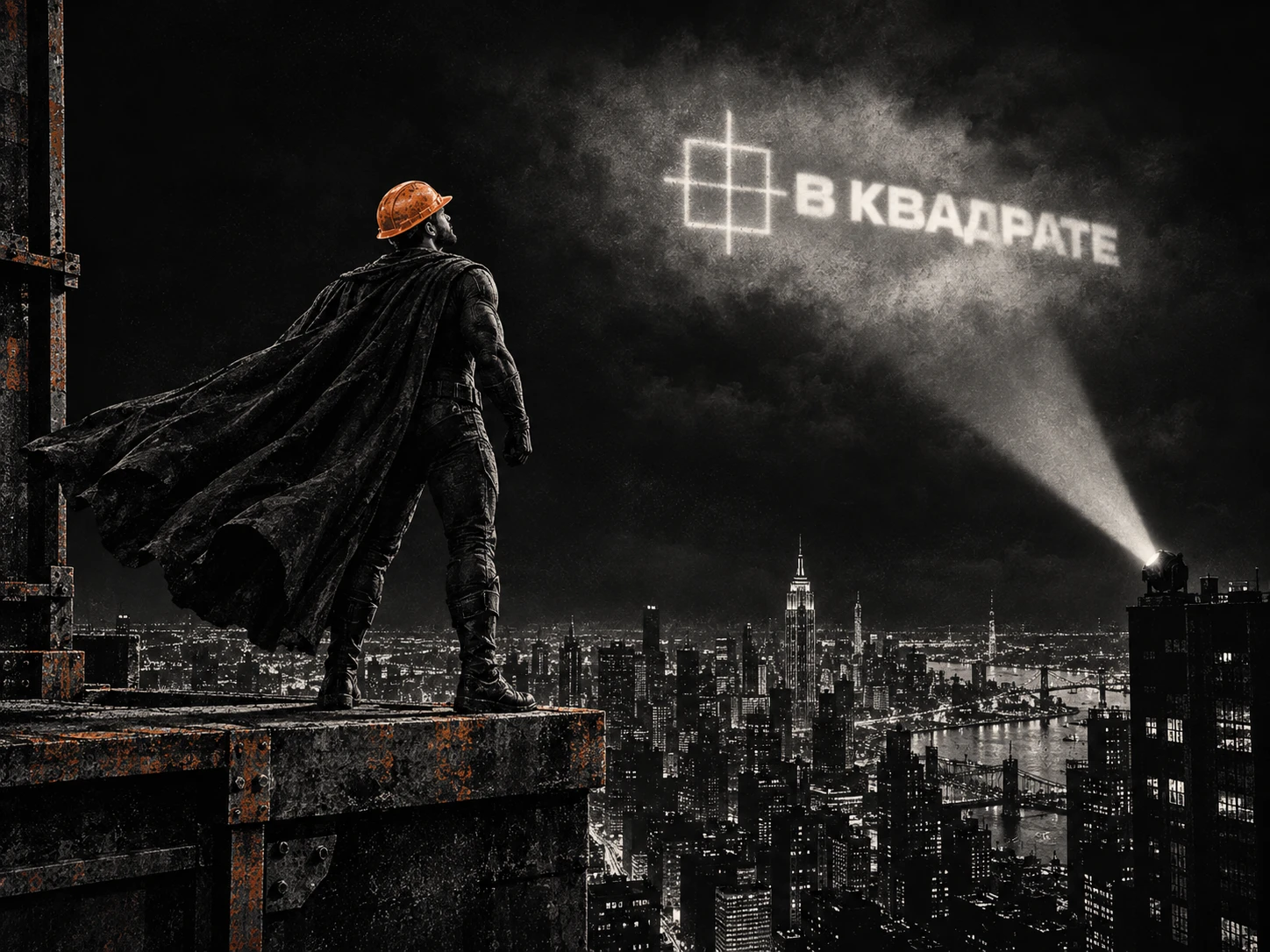 Супергерой в тёмном плаще и оранжевой каске на краю крыши смотрит на логотип «В КВАДРАТЕ», который прожектор проецирует в небо.